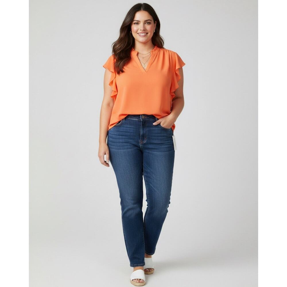 NWT Liz Claiborne Coral Orange Flutter Sleeve Split Neck Top Lightweight Size XL